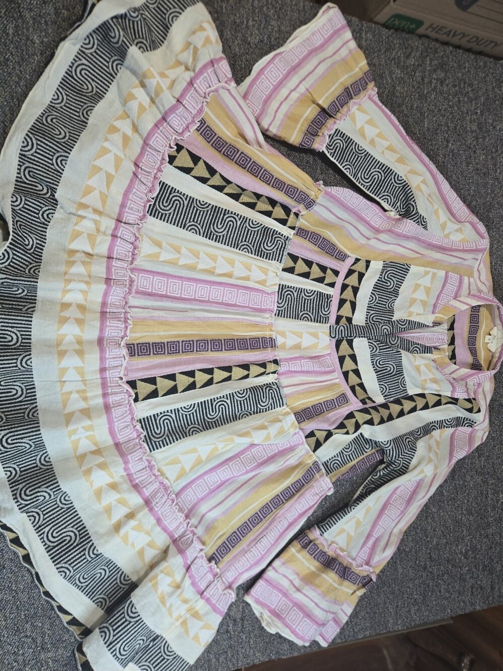 Elan Pink Black Beige Geometric Bell Sleeve Ruffle Hem Short Dress Size S